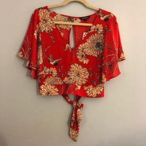 Express Red Floral Flutter Sleeve Crop Top
